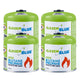 4 st. GreenBlue-gaspatroner à 500 g. Certifikat: Pi 0437, uppfyller EN417, butan-propan, användningstemperatur -10 °C till +40 °C, gängad ventil 7/16'' GB499