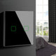 Maclean Energy MCE703B Touch-ljusbrytare, dubbel, glas, svart med fyrkantig knapp mått 86x86mm, med knapp bakgrundsbelysning