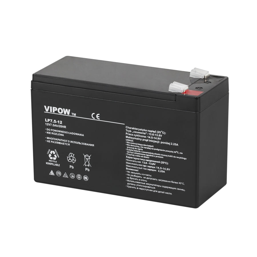 Vipow gelbatteri, underhållsfritt, lång livslängd, 12V 7,5Ah