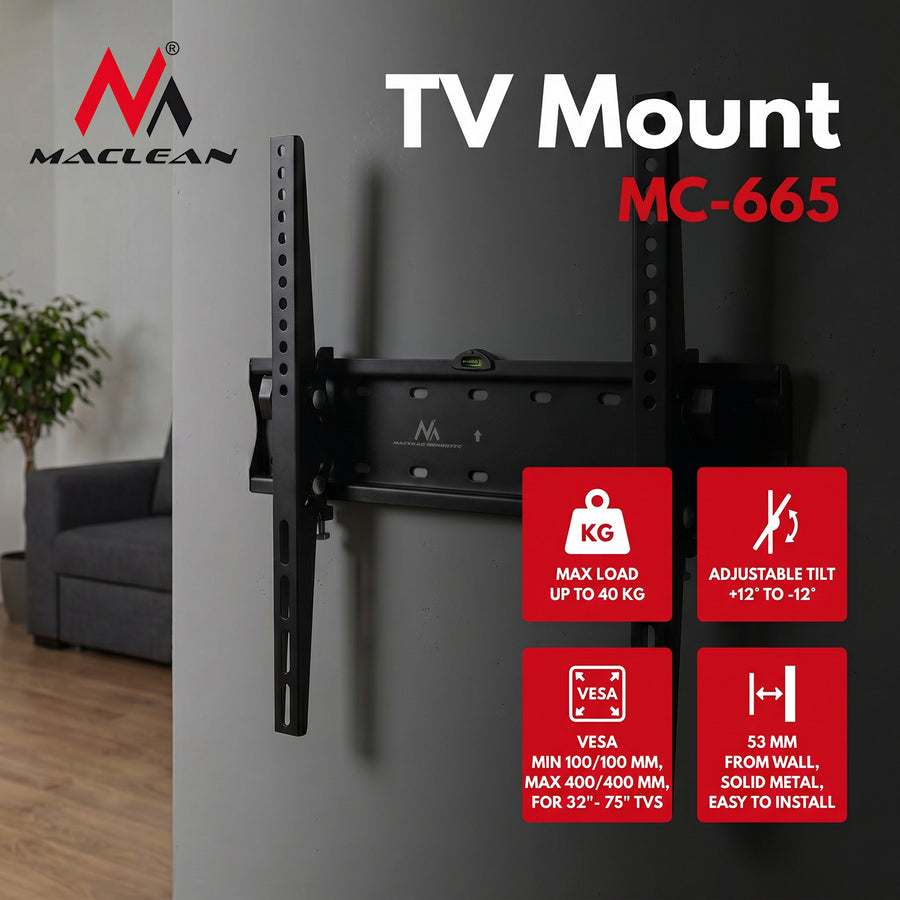 Maclean TV-fäste, max VESA 400x400, 32-75", upp till 40 kg, svart, MC-665
