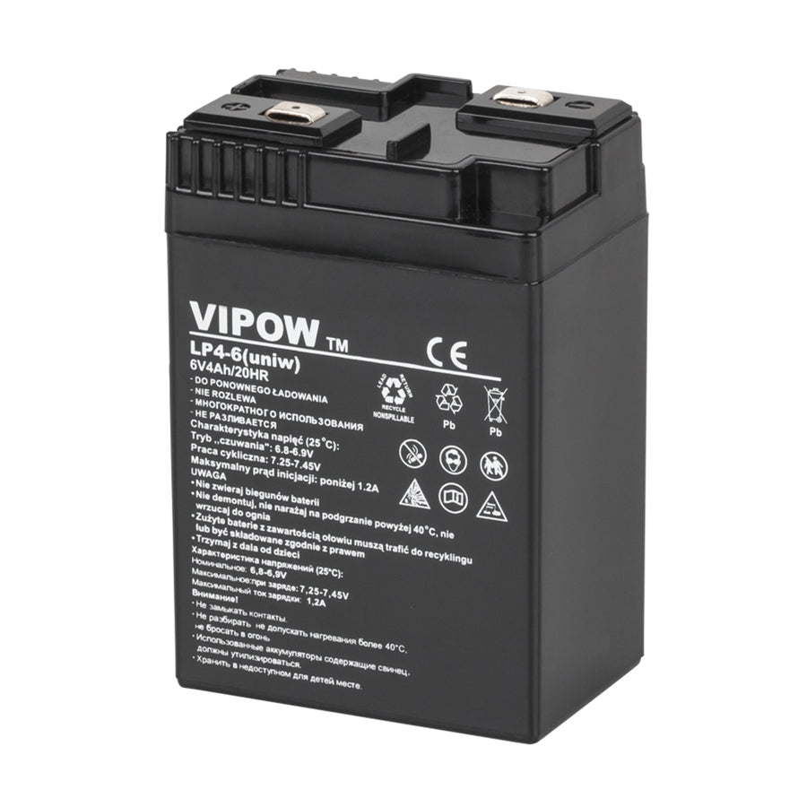 Vipow gelbatteri, underhållsfritt, lång livslängd, 6V 4Ah, BAT0204