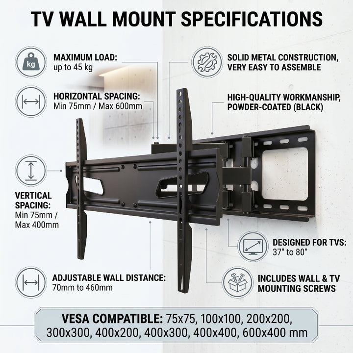Maclean TV-fäste, universal, max VESA 600x400, 37-80" 45kg, svart, MC-723 B