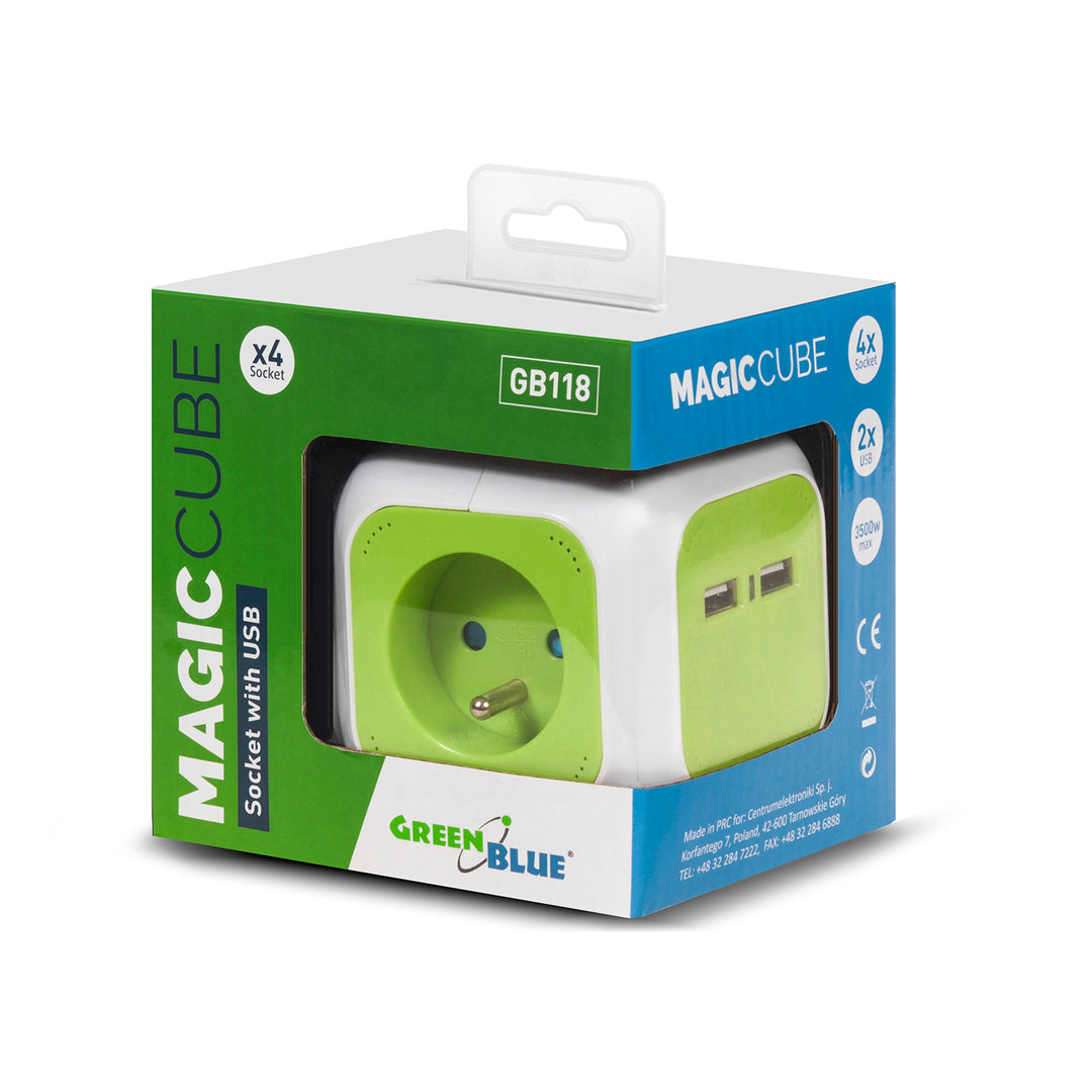 MagicCube fyrdubbelt strömuttag från GreenBlue, 2 USB-ingångar, 1,4 m, GB118