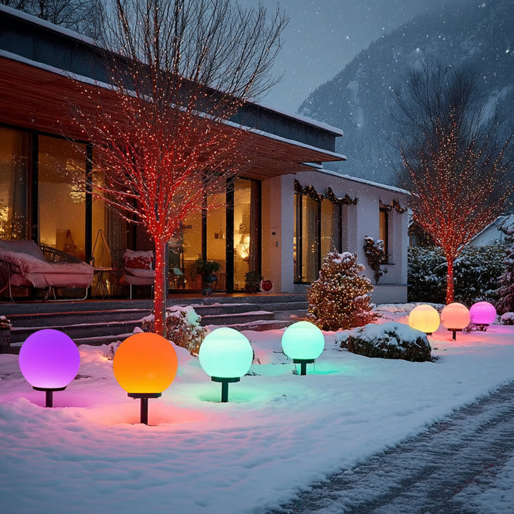 GreenBlue solcellsdriven fristående trädgårdslampa, sfär, 15x15x48cm, RGB-färgade LED, GB122