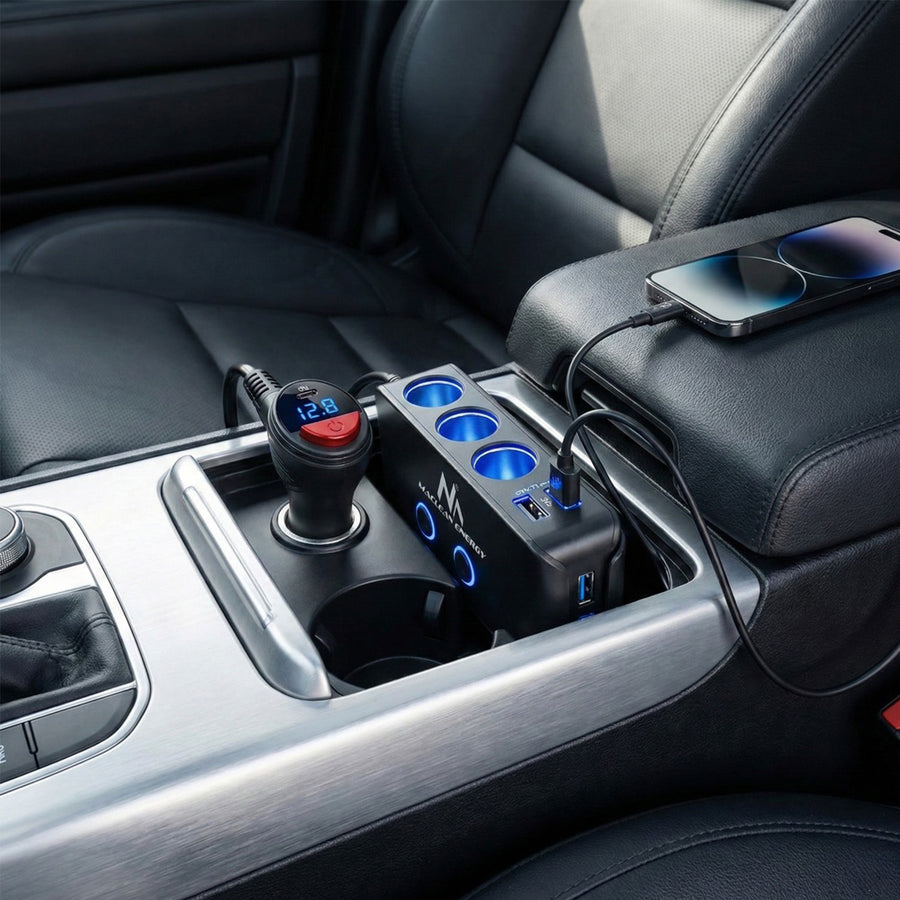Delare för cigarettändaruttag i bilen, voltmeter, 3 cigarettändaruttag, 1xQuick Charge 3.0, 2xUSB-A, 2xUSB-C, Maclean MCE218, max 120 W