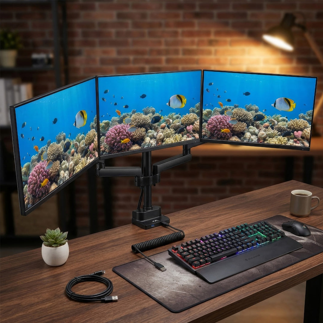 Maclean skrivbordsfäste för 3 LCD-skärmar, VESA 75x75 och 100x100, 2x USB 3.0, 17-27", 3x7kg, MC-811