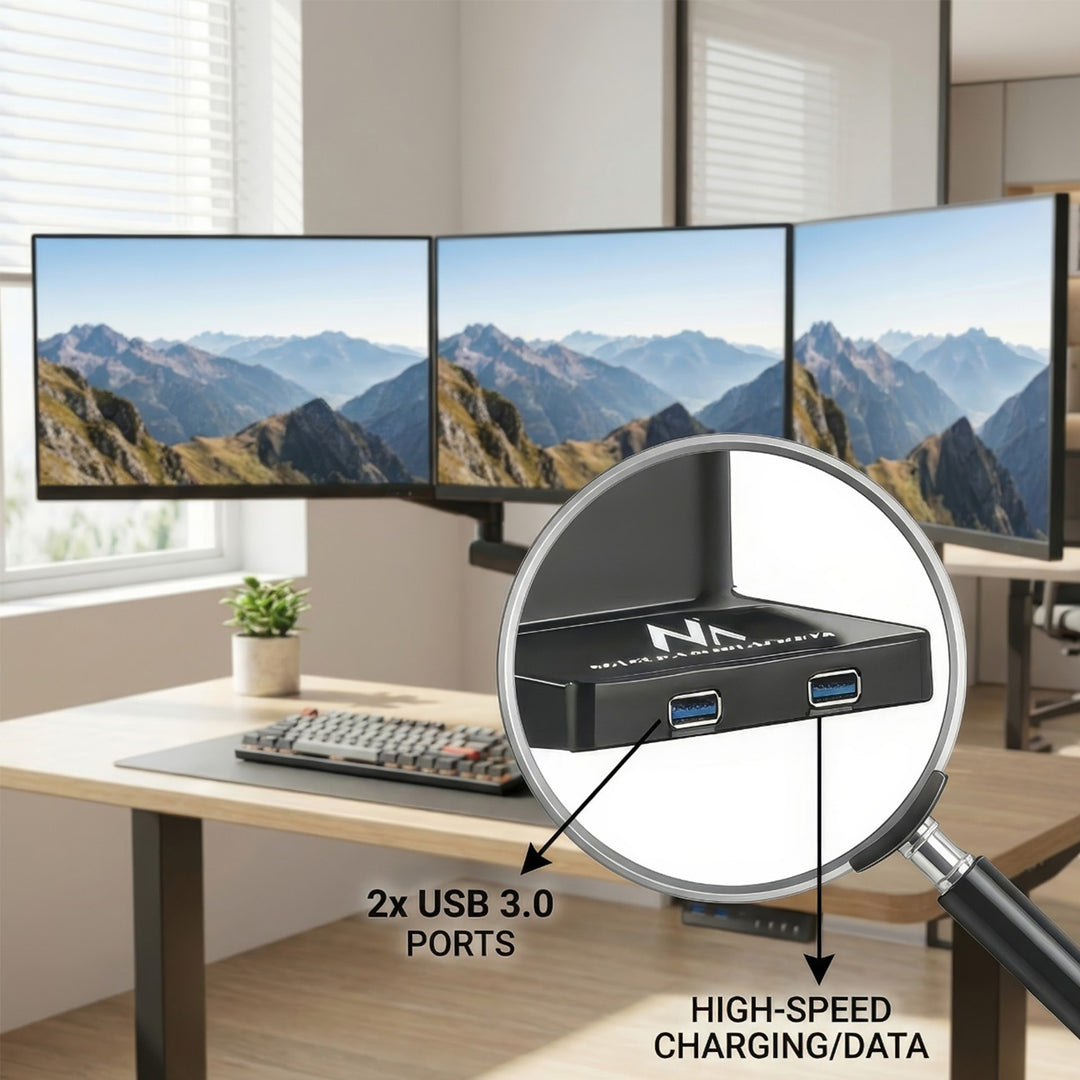 Maclean skrivbordsfäste för 3 LCD-skärmar, VESA 75x75 och 100x100, 2x USB 3.0, 17-27", 3x7kg, MC-811