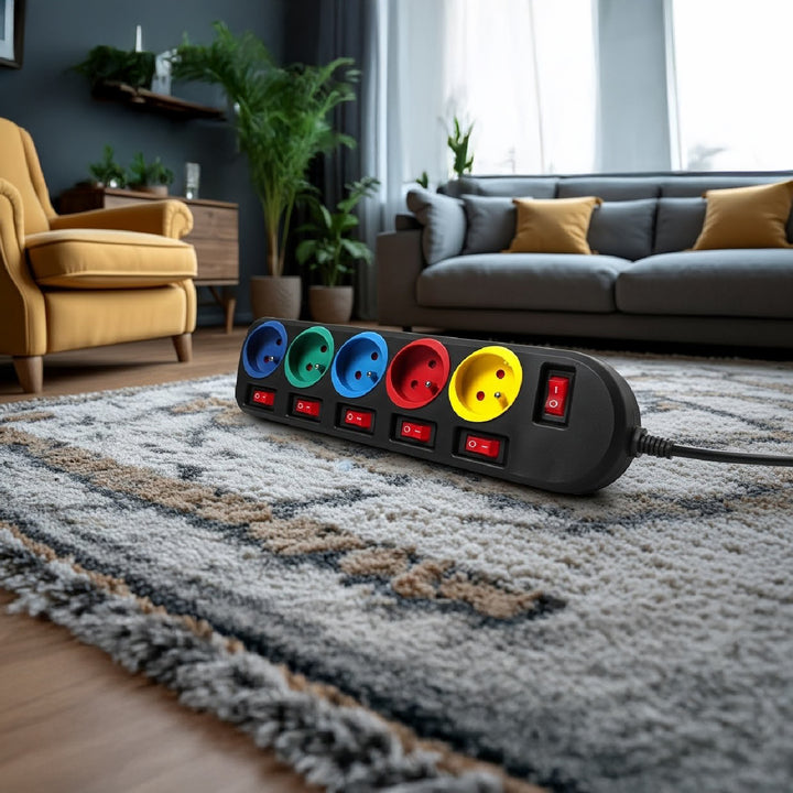Förlängningskabel 5 uttag med strömbrytare Maclean Energy MCE204M 250VAC / 10A 1,5m, flerfärgad
