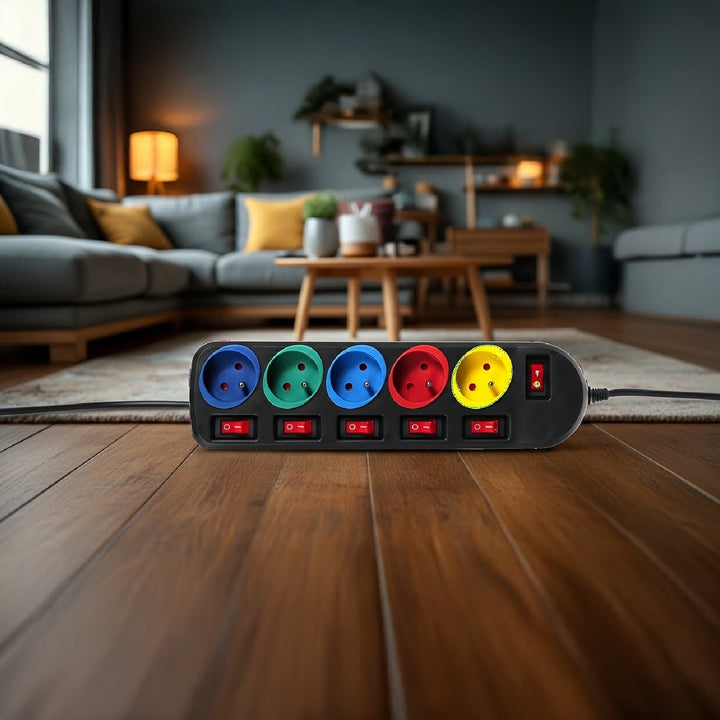 Förlängningskabel 5 uttag med strömbrytare Maclean Energy MCE204M 250VAC / 10A 1,5m, flerfärgad