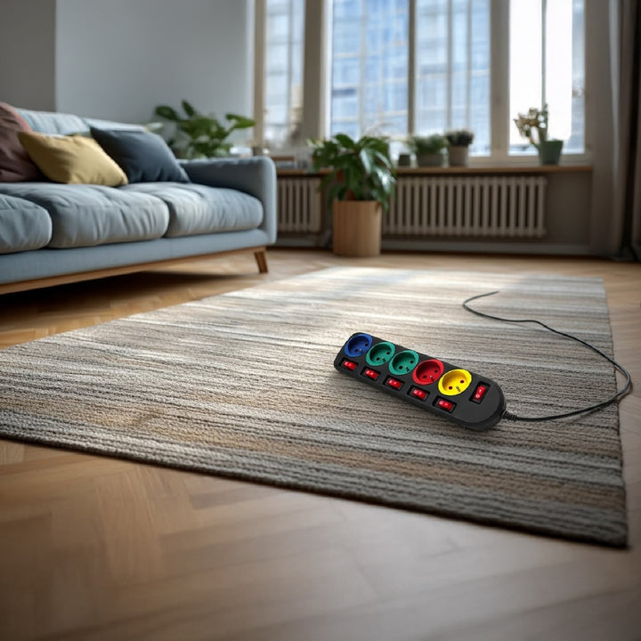 Förlängningskabel 5 uttag med strömbrytare Maclean Energy MCE204M 250VAC / 10A 1,5m, flerfärgad