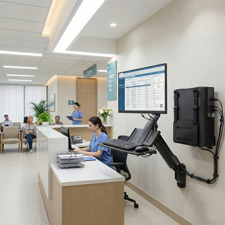 Maclean MC-838 Monitor och tangentbord väggfäste med gasfjäder och dator / CPU-fäste 17 "-32" 9 kg