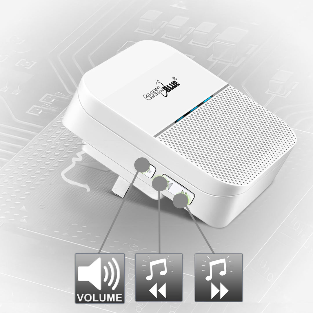 Trådlös dörrsignal, rörelsesensor med 52 melodier, vit, GreenBlue GB212, 230 V, max 58 sensorer