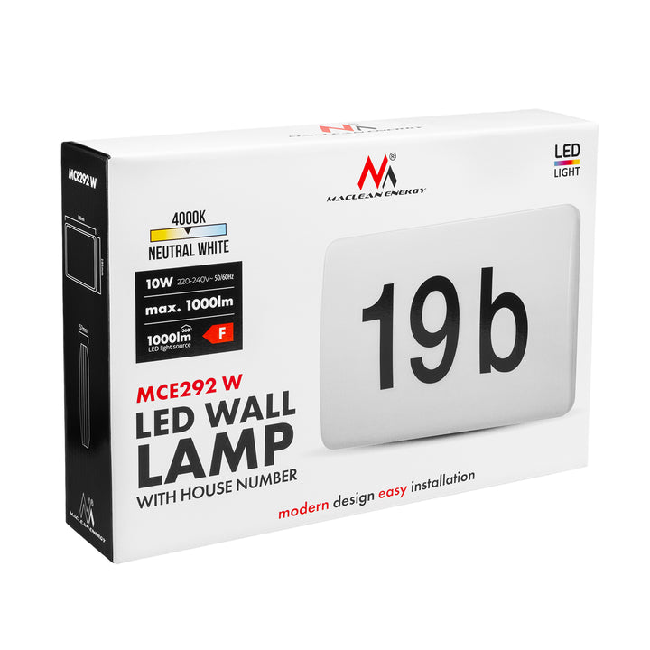 Maclean LED-lampa, husnummer, med skymningssensor, vit, max 10 W, IP65, neutral färg (4000 K), max 1000 lm, MCE292 W