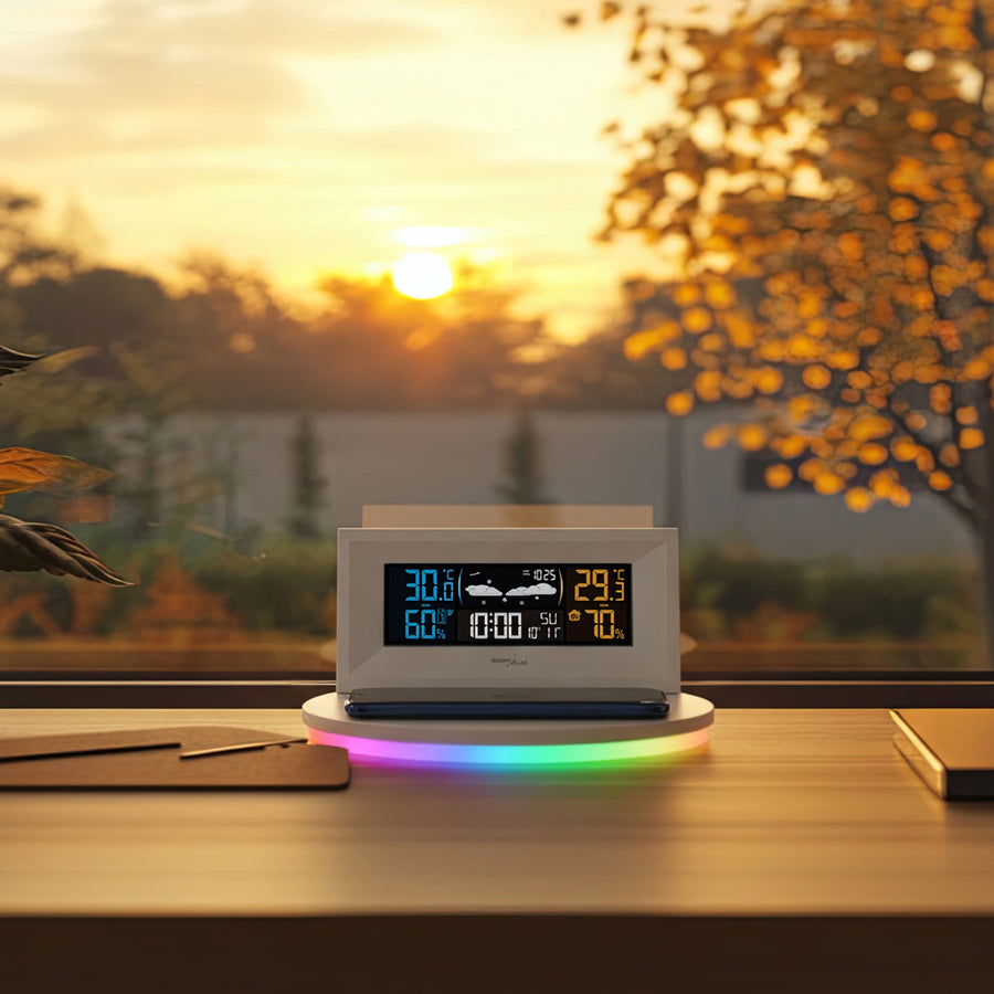 GreenBlue GB213 Trådlös Väderstation Med Trådlös Qi-Laddare Stämningsljus Väderprognos Kalender Väckarklocka Och Snooze-Funktion Extern Sensor Inomhus- Och Utomhustermometer Färgdisplay