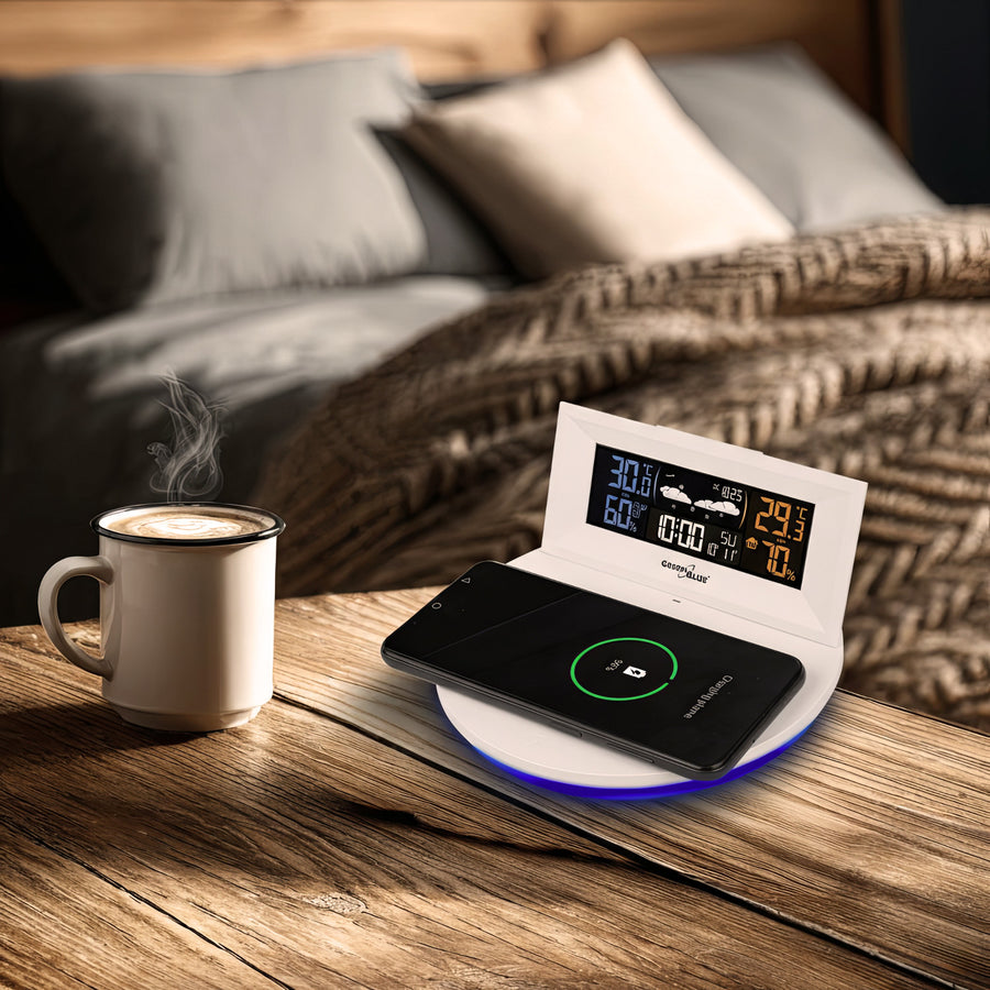 GreenBlue GB213 Trådlös Väderstation Med Trådlös Qi-Laddare Stämningsljus Väderprognos Kalender Väckarklocka Och Snooze-Funktion Extern Sensor Inomhus- Och Utomhustermometer Färgdisplay