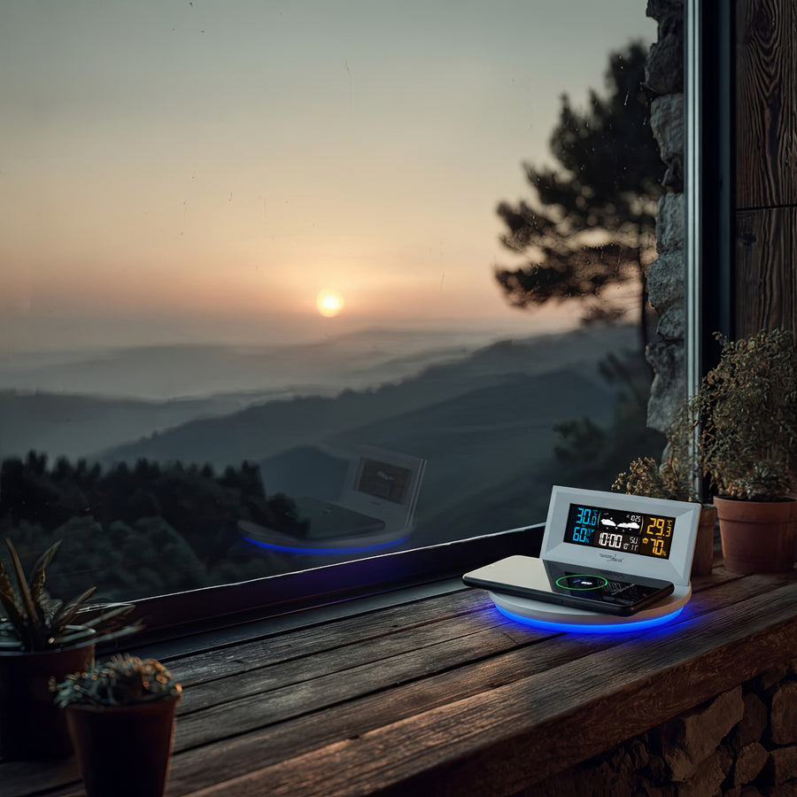 GreenBlue GB213 Trådlös Väderstation Med Trådlös Qi-Laddare Stämningsljus Väderprognos Kalender Väckarklocka Och Snooze-Funktion Extern Sensor Inomhus- Och Utomhustermometer Färgdisplay