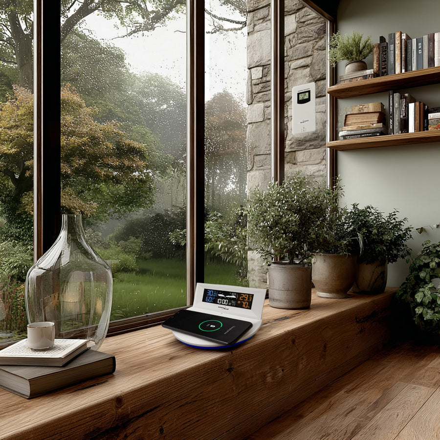 GreenBlue GB213 Trådlös Väderstation Med Trådlös Qi-Laddare Stämningsljus Väderprognos Kalender Väckarklocka Och Snooze-Funktion Extern Sensor Inomhus- Och Utomhustermometer Färgdisplay