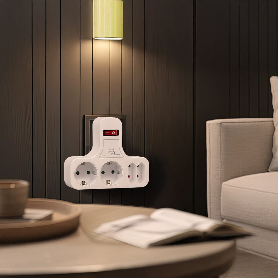 Maclean Power Socket, fyrdubbelt med av/på-knapp, stabiliseringsfot, Schuko typ, 2x2.5A, 2x16A, MCE224