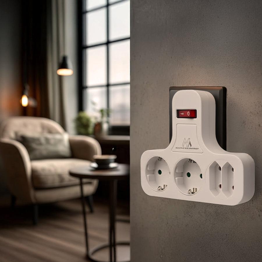 Maclean Power Socket, fyrdubbelt med av/på-knapp, stabiliseringsfot, Schuko typ, 2x2.5A, 2x16A, MCE224