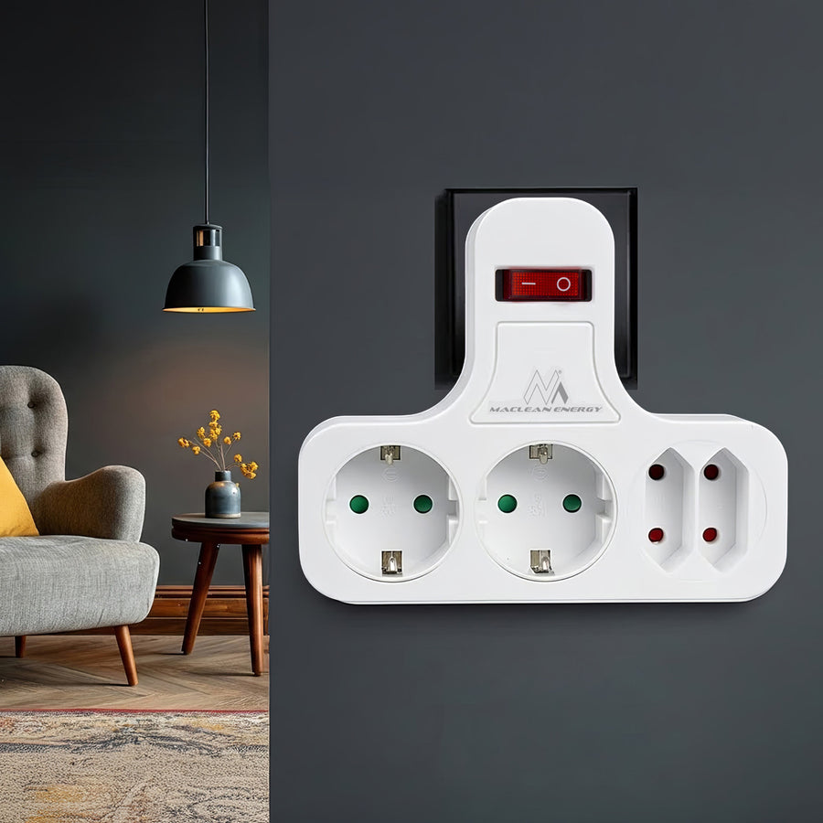 Maclean Power Socket, fyrdubbelt med av/på-knapp, stabiliseringsfot, Schuko typ, 2x2.5A, 2x16A, MCE224