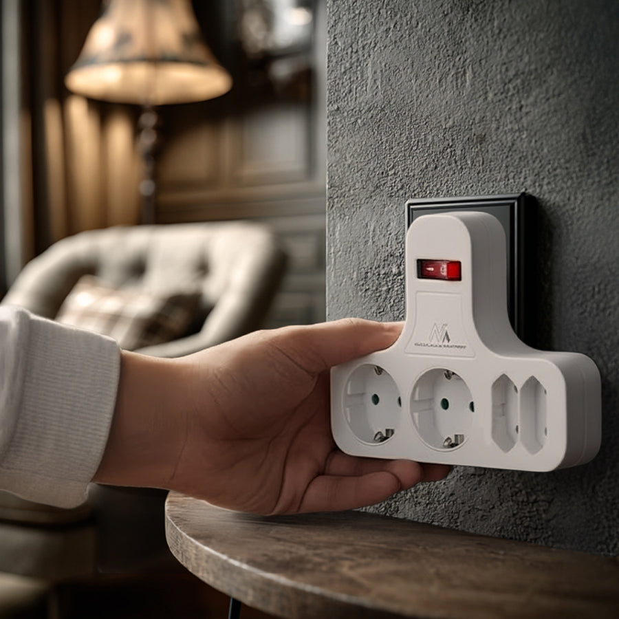 Maclean Power Socket, fyrdubbelt med av/på-knapp, stabiliseringsfot, Schuko typ, 2x2.5A, 2x16A, MCE224