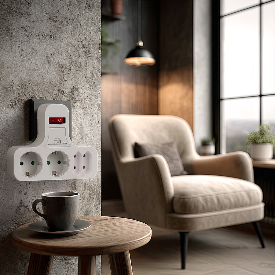 Maclean Power Socket, fyrdubbelt med av/på-knapp, stabiliseringsfot, Schuko typ, 2x2.5A, 2x16A, MCE224