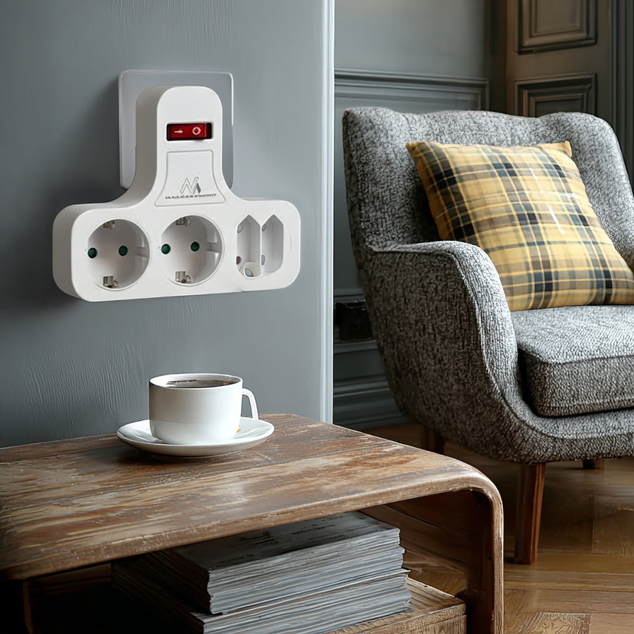 Maclean Power Socket, fyrdubbelt med av/på-knapp, stabiliseringsfot, Schuko typ, 2x2.5A, 2x16A, MCE224