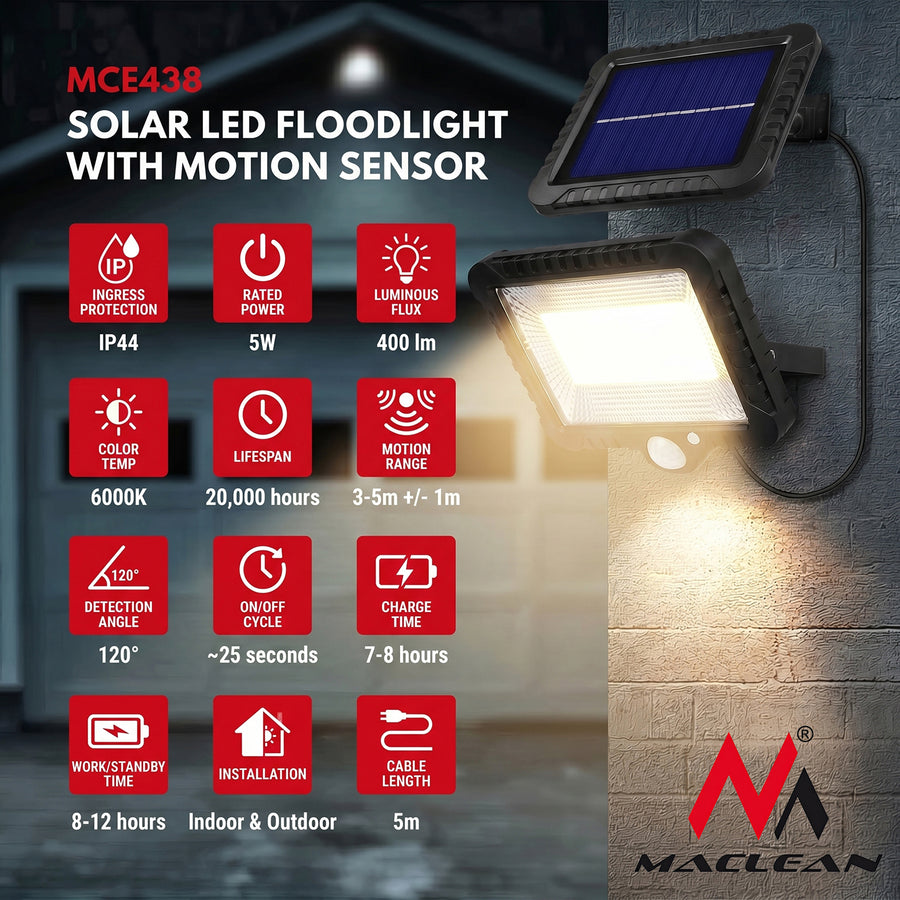 Maclean MCE438 LED Strålkastare Med Rörelsesensor Strålkastare Sol Vägglampa Skymningssensor Sollampa IP44 5 W 400 Lumen 6000 K Kall Vit (1 x styck) [Energiklass A++]