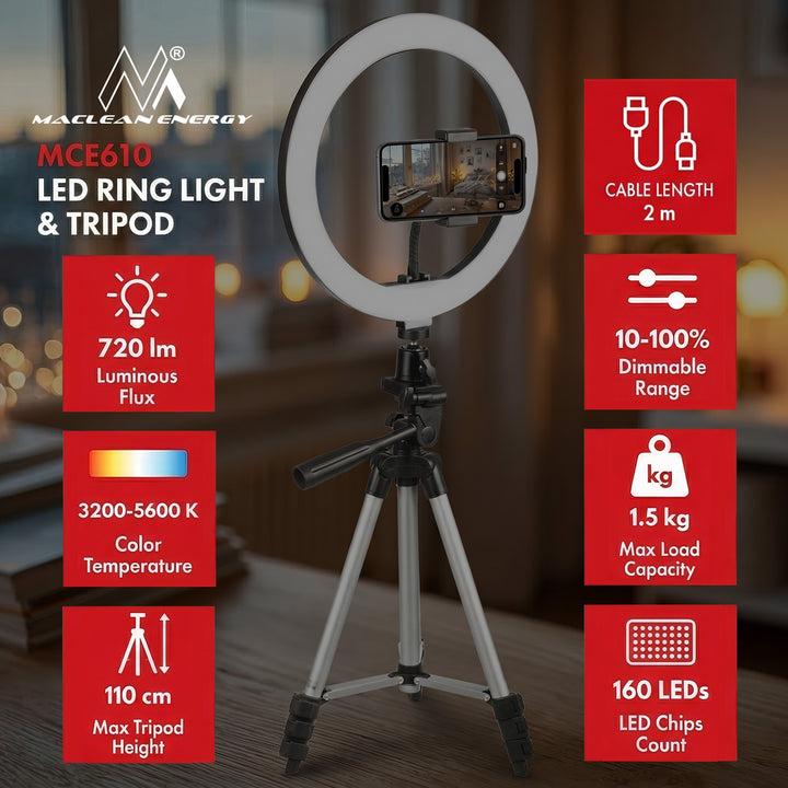 Ringlampa 10 "LED 12W med stativ 1,1 m Maclean Energy MCE610, Bluetooth självutlösare, möjlighet att ändra färg 3200K-5600K och ljusstyrka 10-100%