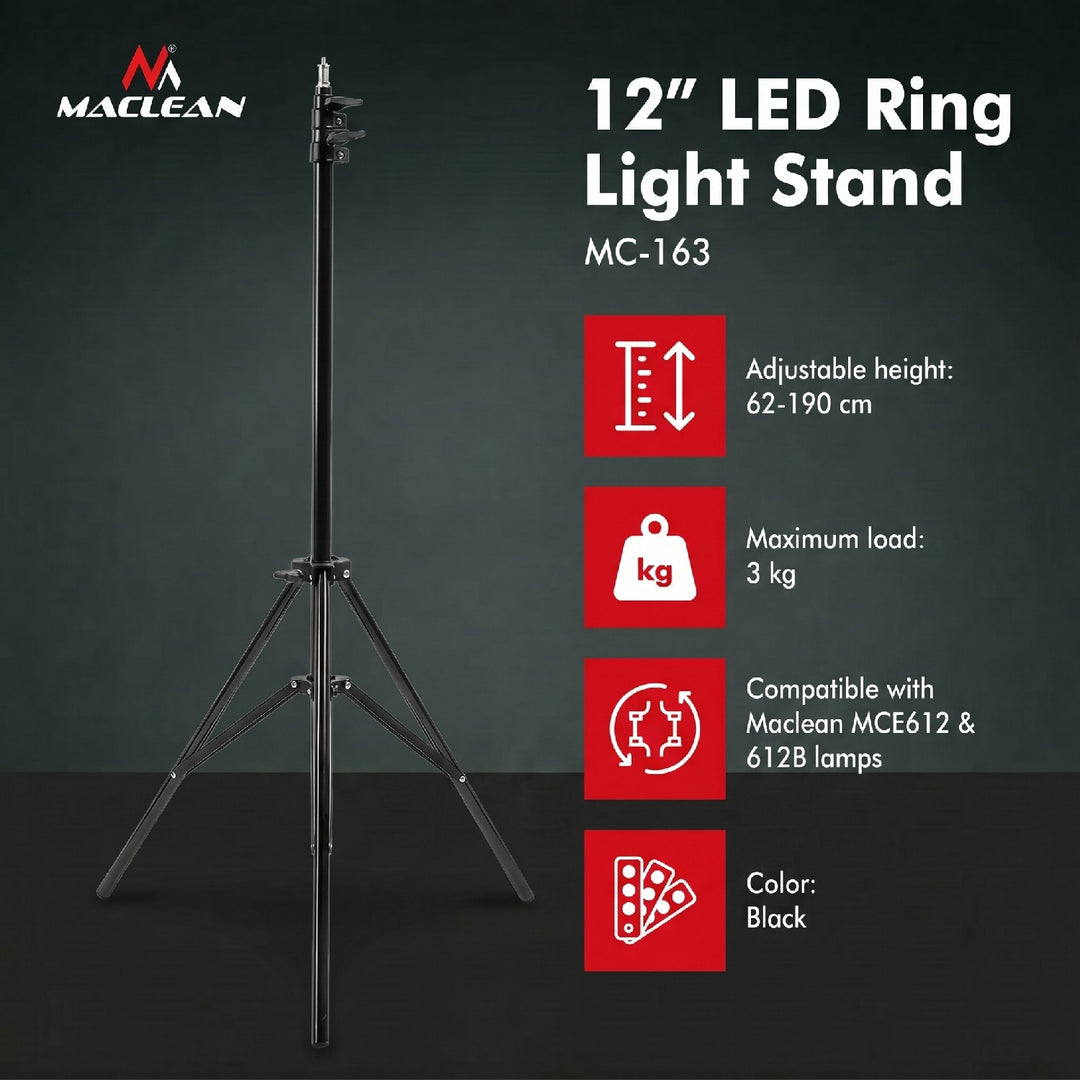 Stativ för 12 "Maclean MC-163 LED-ringlampa, max höjd 190 cm, max belastning 3 kg
