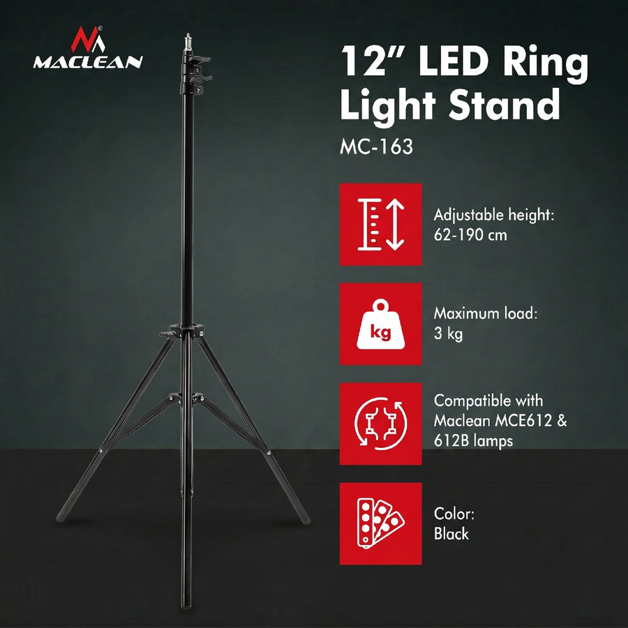 Stativ för 12 "Maclean MC-163 LED-ringlampa, max höjd 190 cm, max belastning 3 kg