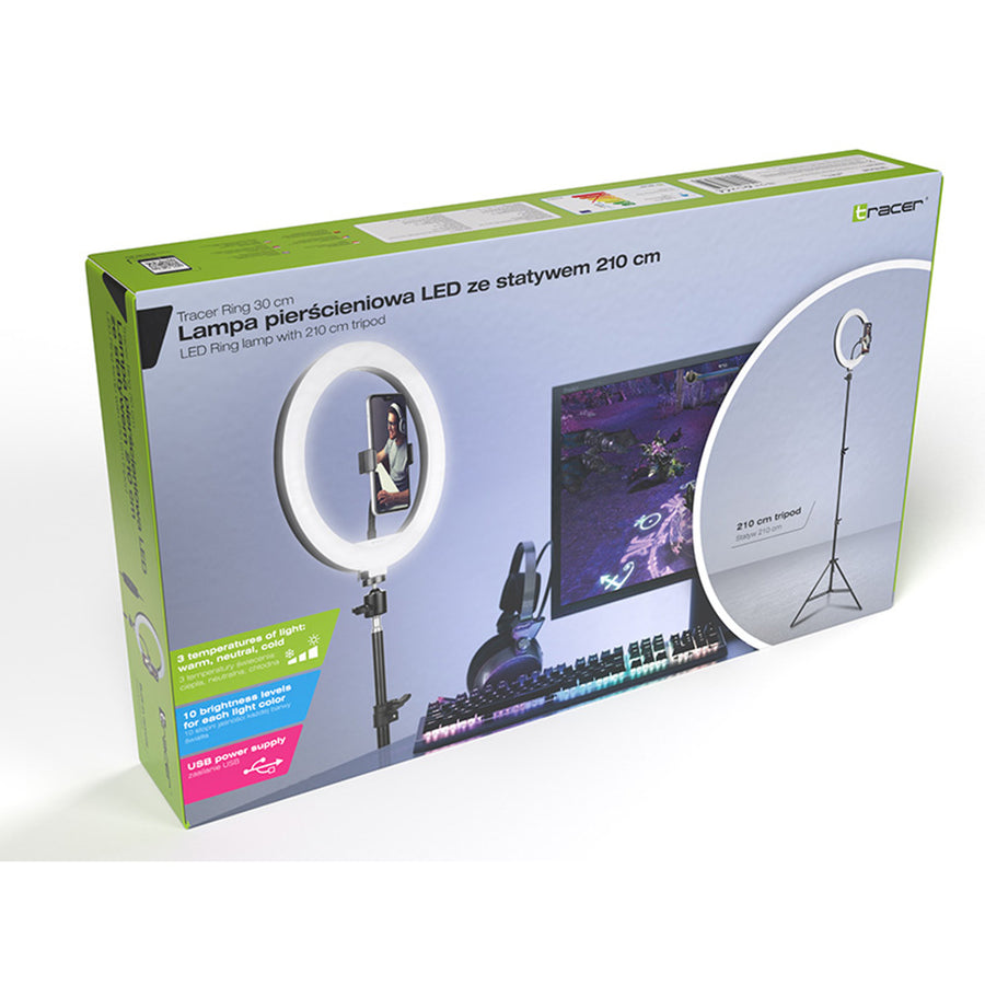 TRACER RING 30cm Ringljus med 210cm Stativ - Perfekt för Professionell Belysning