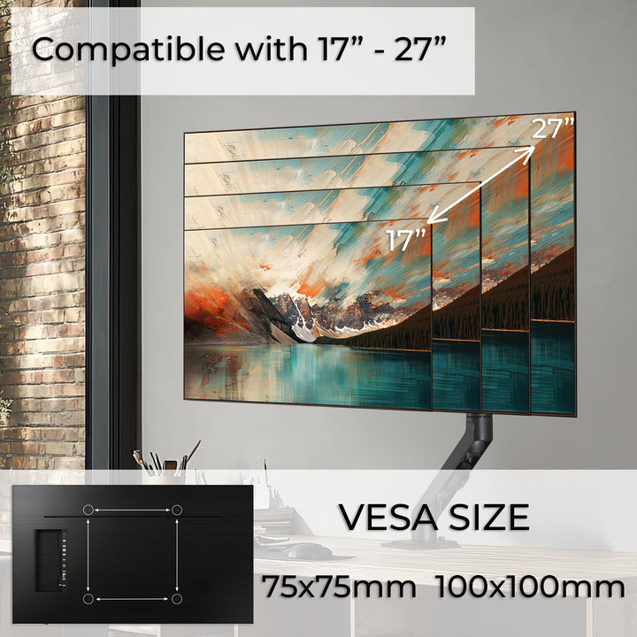 Universellt skrivbordsfäste för bildskärm Maclean, mekanisk fjäder 17"-27" 7kg, VESA 75x75,100x100, MC-906