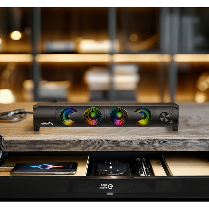 Audiocore AC955 2 i 1 2.0 PC-Högtalare Med Soundbar-Funktion RGB-Bakgrundsbelysning Stereohögtalare 2x3W RMS AUX 3,5 mm USB-Driven