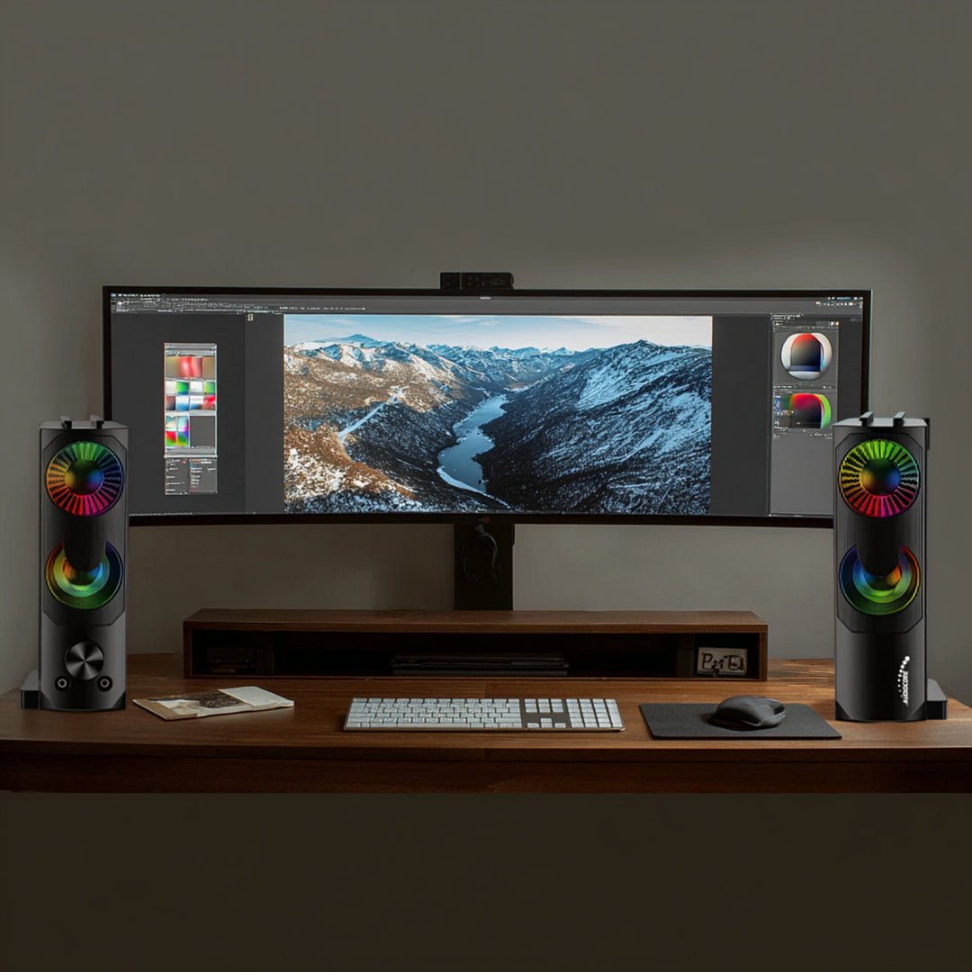 Audiocore AC955 2 i 1 2.0 PC-Högtalare Med Soundbar-Funktion RGB-Bakgrundsbelysning Stereohögtalare 2x3W RMS AUX 3,5 mm USB-Driven