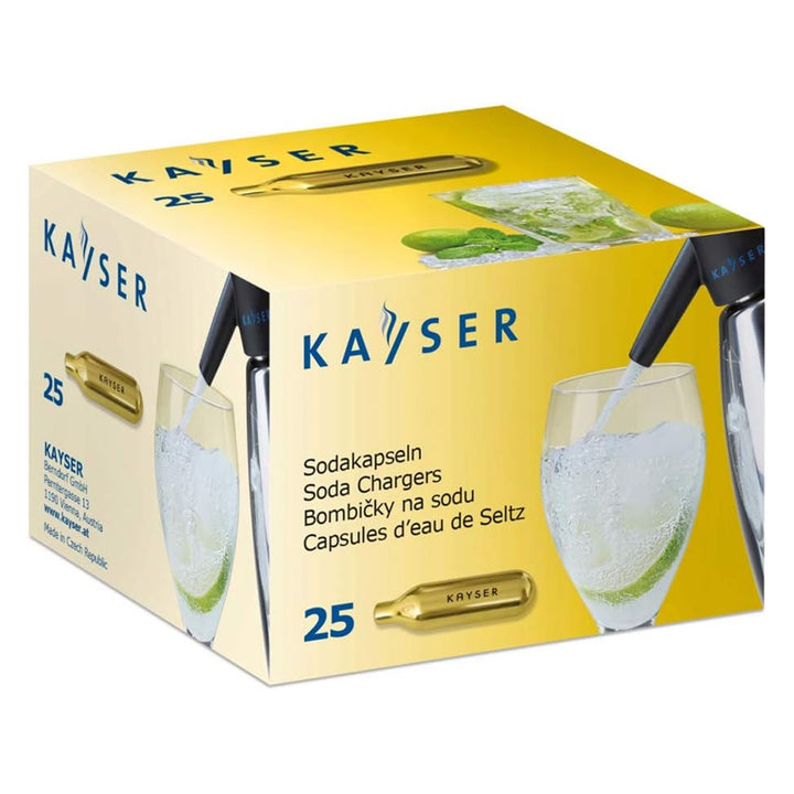 Kayser CO2-patroner för Quick Soda Maker, 7,5 gram, förser dig med en pålitlig och effektiv kolsyretillverkning med en förpackning som innehåller 25 stycken patroner.