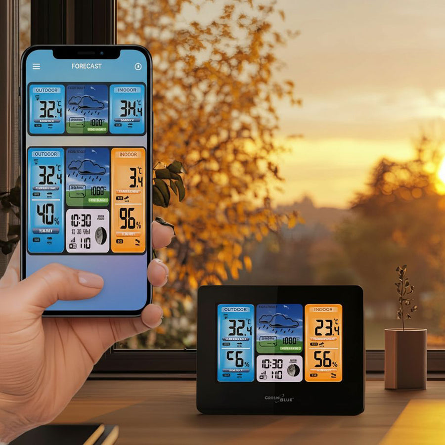 GreenBlue GB215 WiFi Väderstation Med Väderprognosapp Kompatibel Med TUYA Display 7 Språk Inomhus- Och Utomhustemperatur Månfasdisplay Datum- Och Dagvisning Väderprognosfunktion IPX4