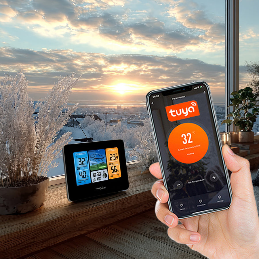 GreenBlue GB215 WiFi Väderstation Med Väderprognosapp Kompatibel Med TUYA Display 7 Språk Inomhus- Och Utomhustemperatur Månfasdisplay Datum- Och Dagvisning Väderprognosfunktion IPX4