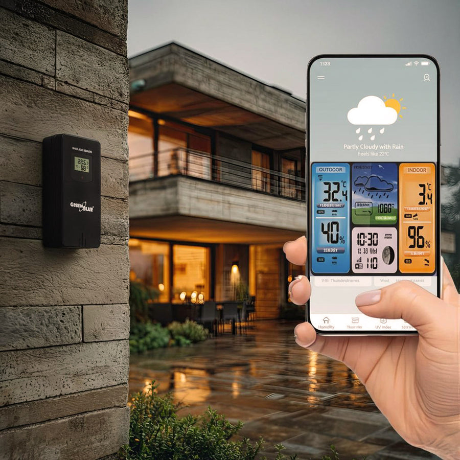 GreenBlue GB215 WiFi Väderstation Med Väderprognosapp Kompatibel Med TUYA Display 7 Språk Inomhus- Och Utomhustemperatur Månfasdisplay Datum- Och Dagvisning Väderprognosfunktion IPX4