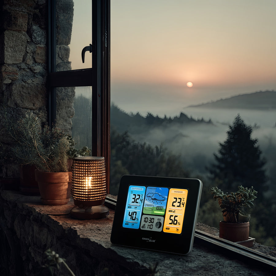 GreenBlue GB215 WiFi Väderstation Med Väderprognosapp Kompatibel Med TUYA Display 7 Språk Inomhus- Och Utomhustemperatur Månfasdisplay Datum- Och Dagvisning Väderprognosfunktion IPX4