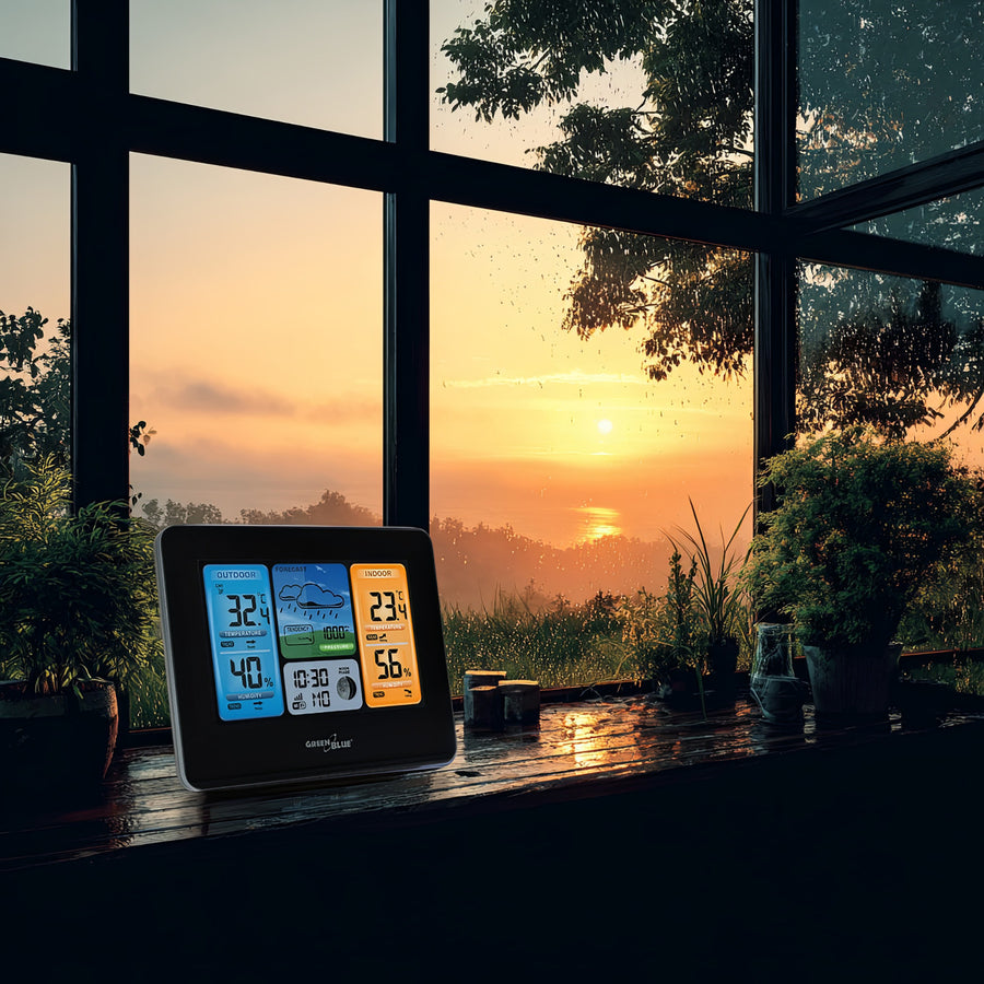 GreenBlue GB215 WiFi Väderstation Med Väderprognosapp Kompatibel Med TUYA Display 7 Språk Inomhus- Och Utomhustemperatur Månfasdisplay Datum- Och Dagvisning Väderprognosfunktion IPX4