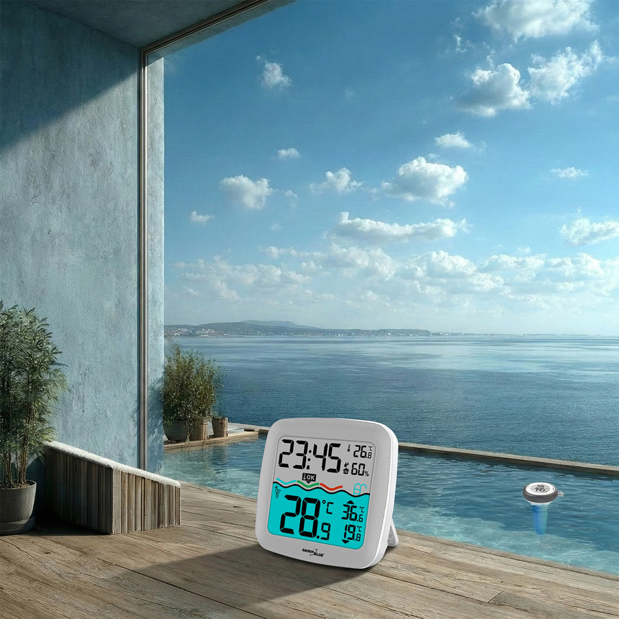GreenBlue GB216 Digital Trådlös Pooltermometer Med Väderstation Temperaturstation Med Pooltermometer Inomhustemperatur Vattentemperatur Flytande Termometer Pool SPA DCF Radioklockfunktion