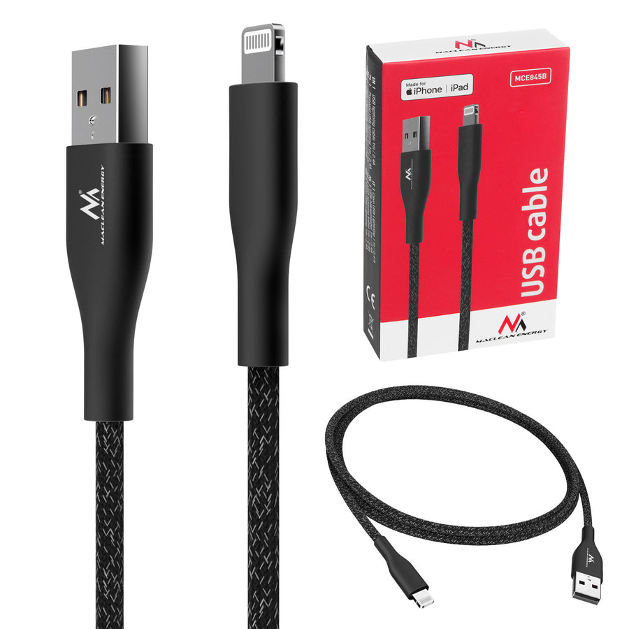 Maclean MCE845B MFi-Certifierad Laddningskabel Kompatibel Med iPhone / iPod / iPad 5V / 2,4A Snabbladdning (1 meter, Svart)