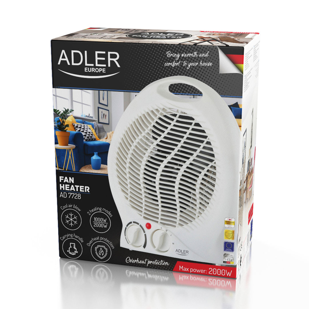 Adler värmefläkt, termostat, fläktfunktion, 2000W, vit, AD 7728