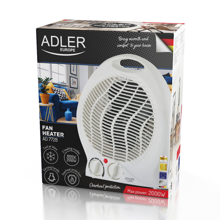 Adler värmefläkt, termostat, fläktfunktion, 2000W, vit, AD 7728