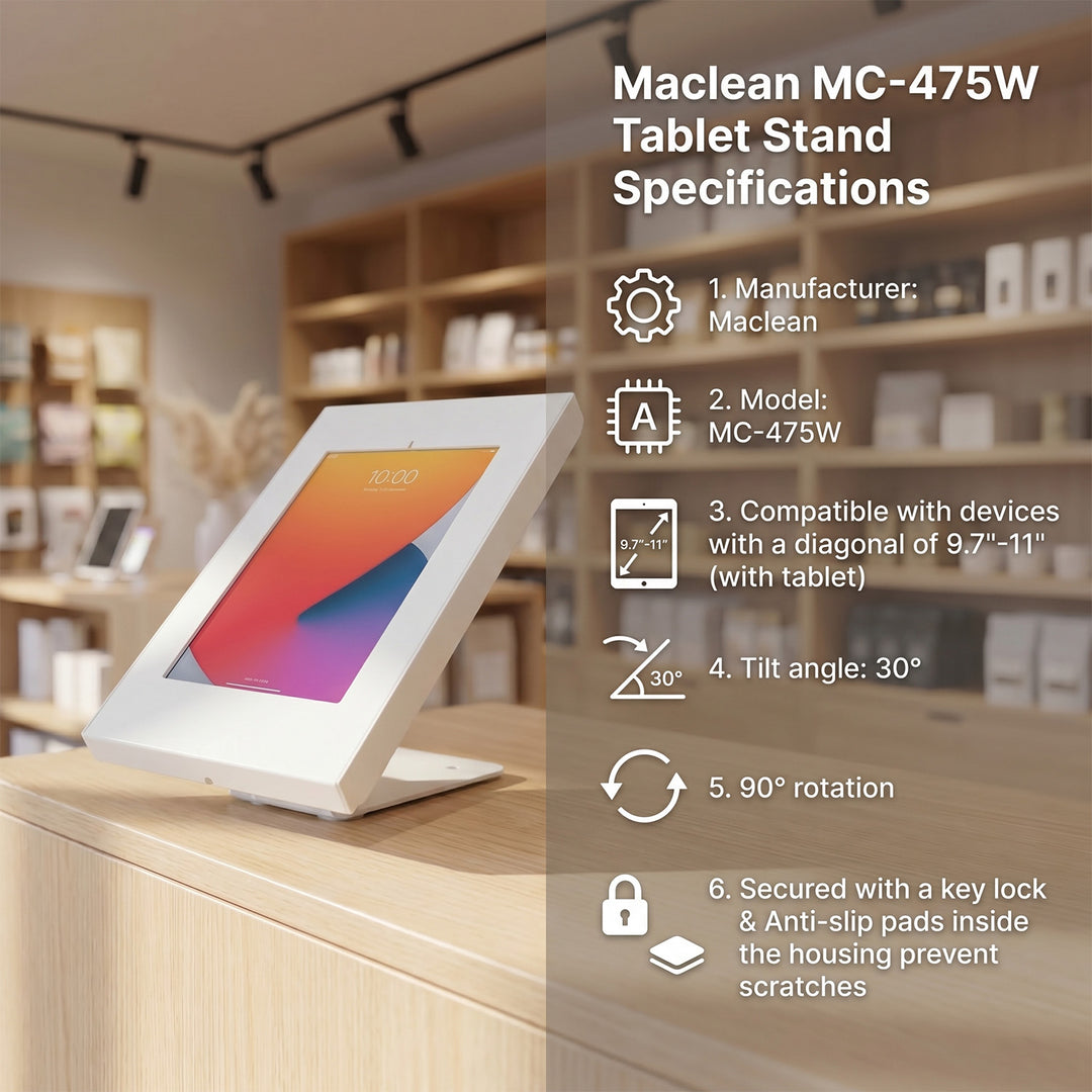 Maclean Advertising Tablet Holder, vägg-/kontorsfäste med lås, 9,7"-11", iPad/iPad Air/iPad Pro, Samsung Galaxy Tab A/Tab A7/Tab S6 Lite, MC-475W