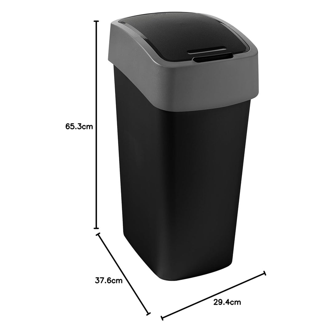 Cuver avfallskärl för källsortering, med lock, 50 liter, svart, silverram, från Flip Bin-serien. Det manuellt öppningsbara locket håller innehållet osynligt och förhindrar dålig lukt.