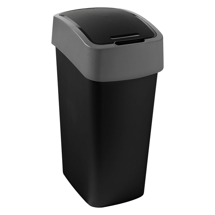Cuver avfallskärl för källsortering, med lock, 50 liter, svart, silverram, från Flip Bin-serien. Det manuellt öppningsbara locket håller innehållet osynligt och förhindrar dålig lukt.
