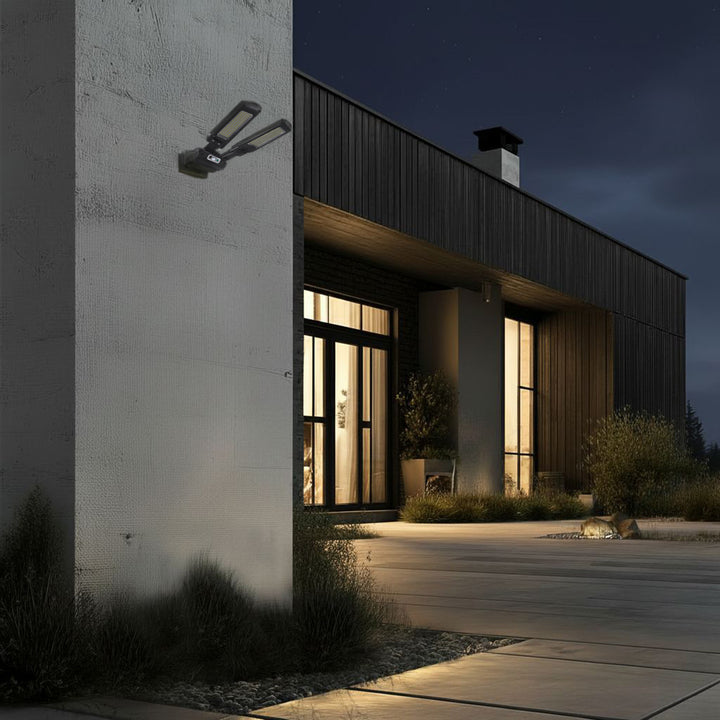 Maclean MCE447 Solcellsgatlampa Med Rörelse- Och Skymningssensor IP54 5W 2x 450 Lumen 6500K Två Ljuskällor Fjärrkontroll Solcellslampa Utomhusvägglampa Utomhusbelysning 3 Ljuslägen