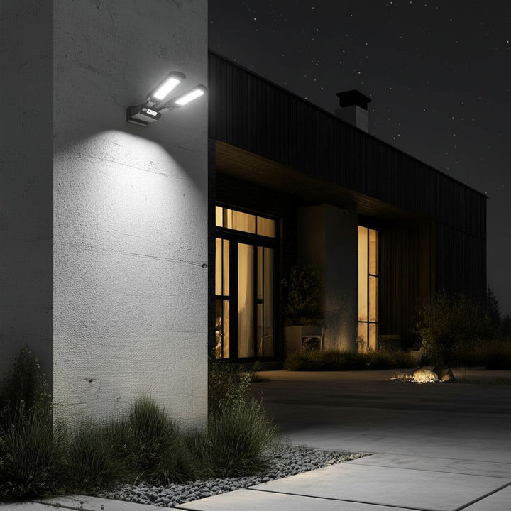 Maclean MCE447 Solcellsgatlampa Med Rörelse- Och Skymningssensor IP54 5W 2x 450 Lumen 6500K Två Ljuskällor Fjärrkontroll Solcellslampa Utomhusvägglampa Utomhusbelysning 3 Ljuslägen